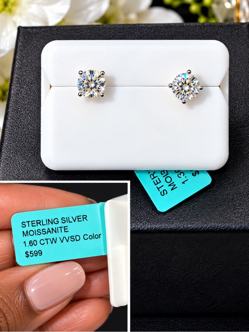 LIVE SHOW: Sterling Silver 1.60 CTW Moissanite Stud Earrings - White